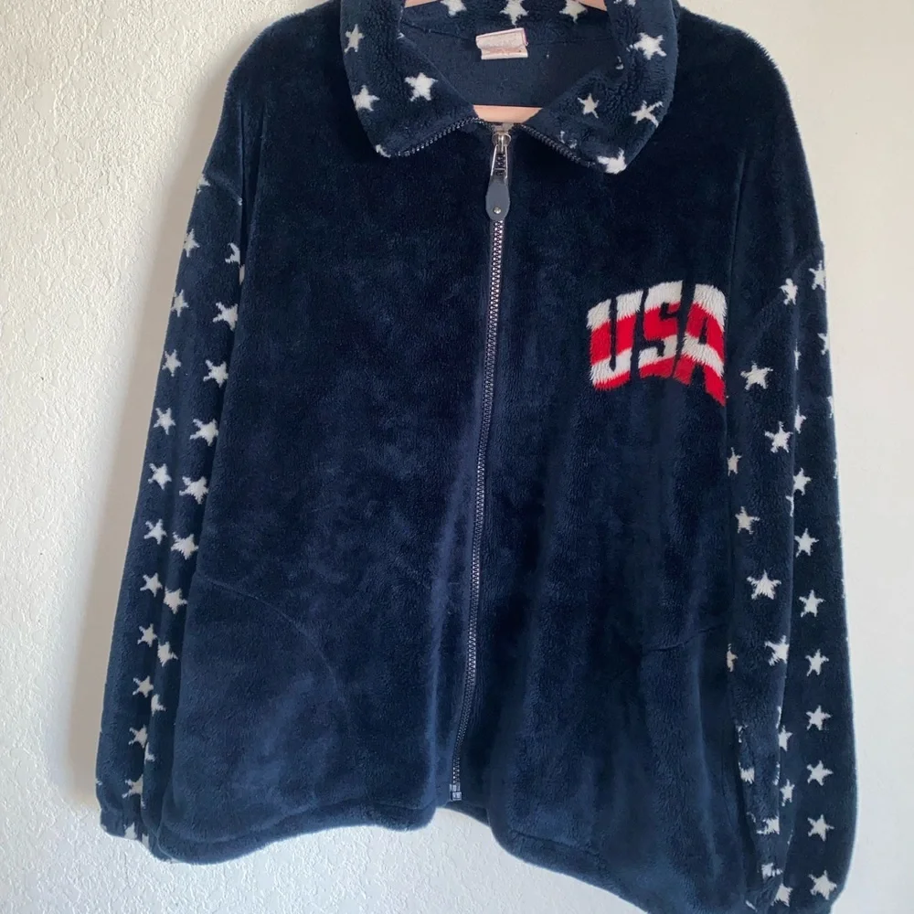 Vintage USA Logo Flag Patriotic Fleece Red White Blue Zip Up Graphic Jacket L
